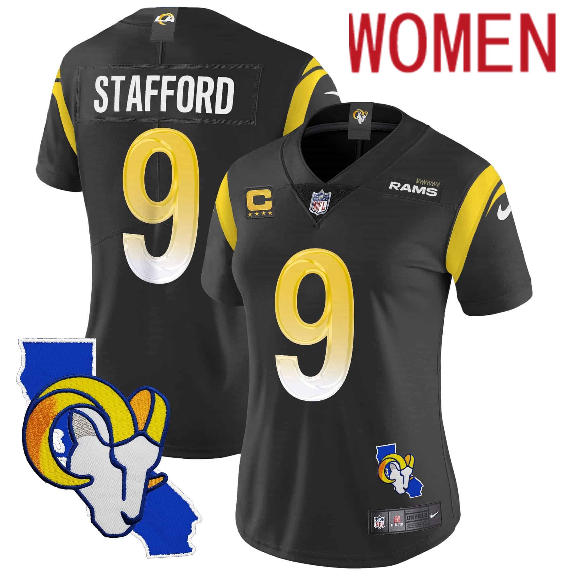 Women Los Angeles Rams #9 Stafford Black 2024 Nike California Patch Vapor Limited NFL Jersey style 1